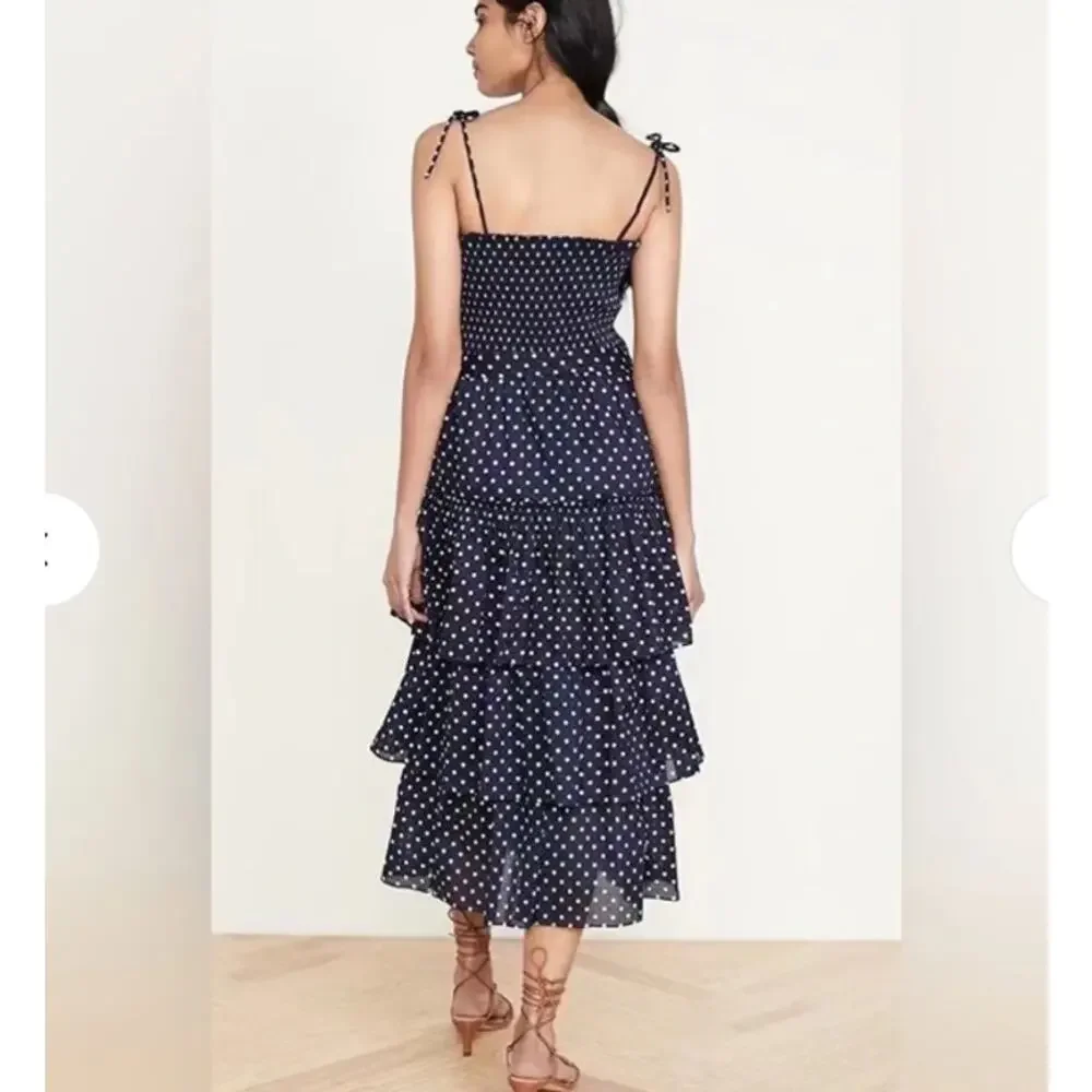 Tory Burch Printed Ruffle Dress Polka Dot Smocked Midi Navy White NWT Size M